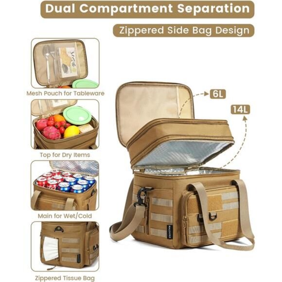 Tactical Lunch Bag, 20L Large Heavy Duty Double Deck Insulated Leakproof - Picture 4 of 8